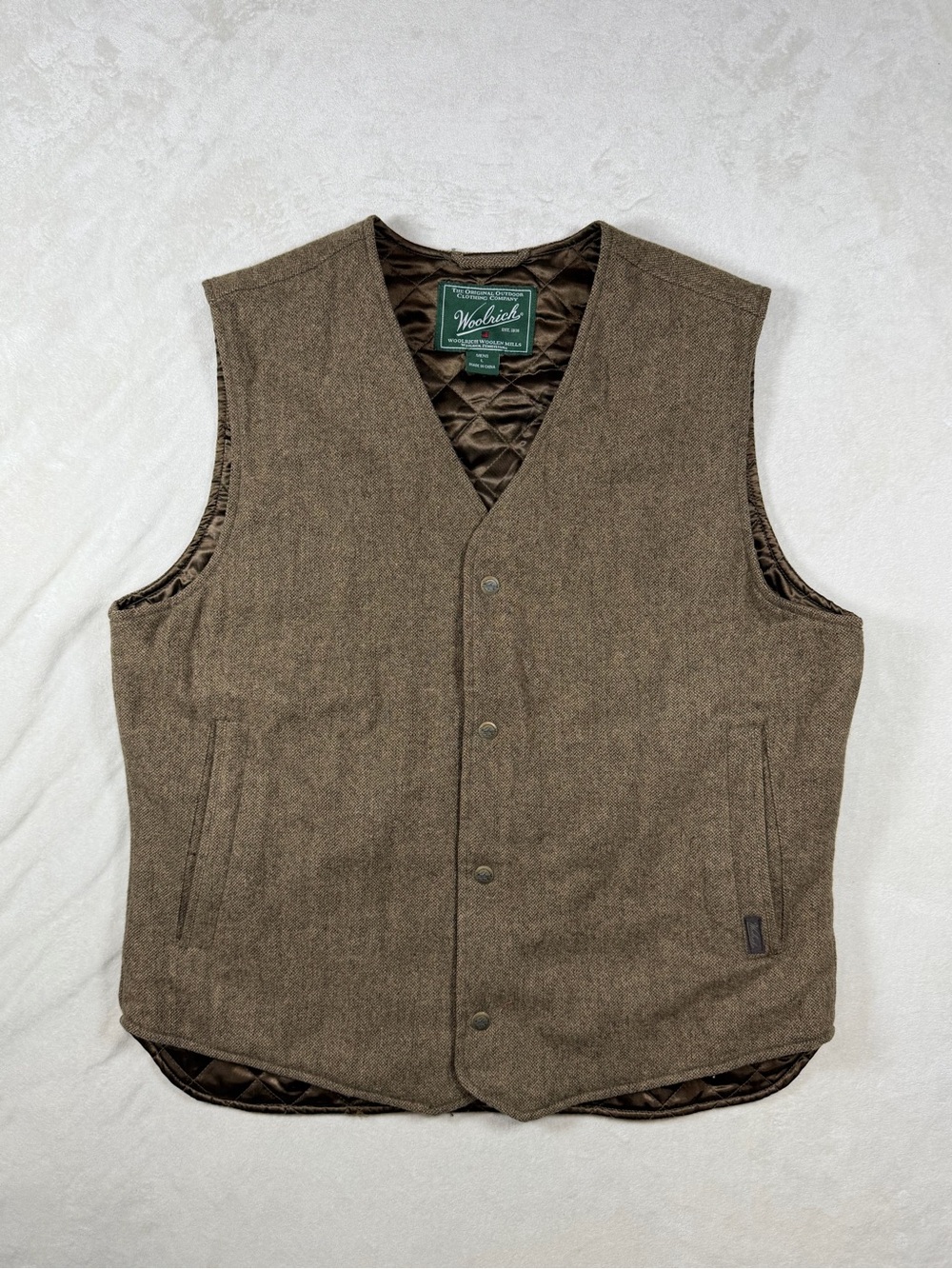 Woolrich Size Large Wool Blend Brown Quilted-Lined Wool Vest